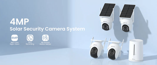 A security camera system consisting of two solar powered security cameras and two wifi security cameras