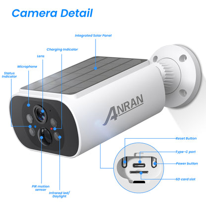 ANRAN C3 4MP Wifi Solar Battery Camera Kit Surveillance Security System with 32GB SD Card