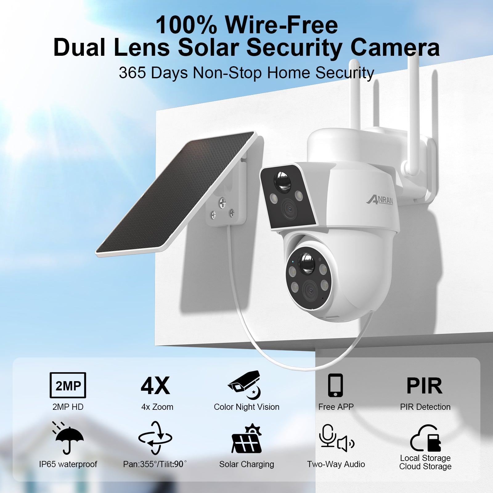 ANRAN 4MP(2MP+2MP) Dual-lens Wireless Solar Security Camera with 2-Way Talk