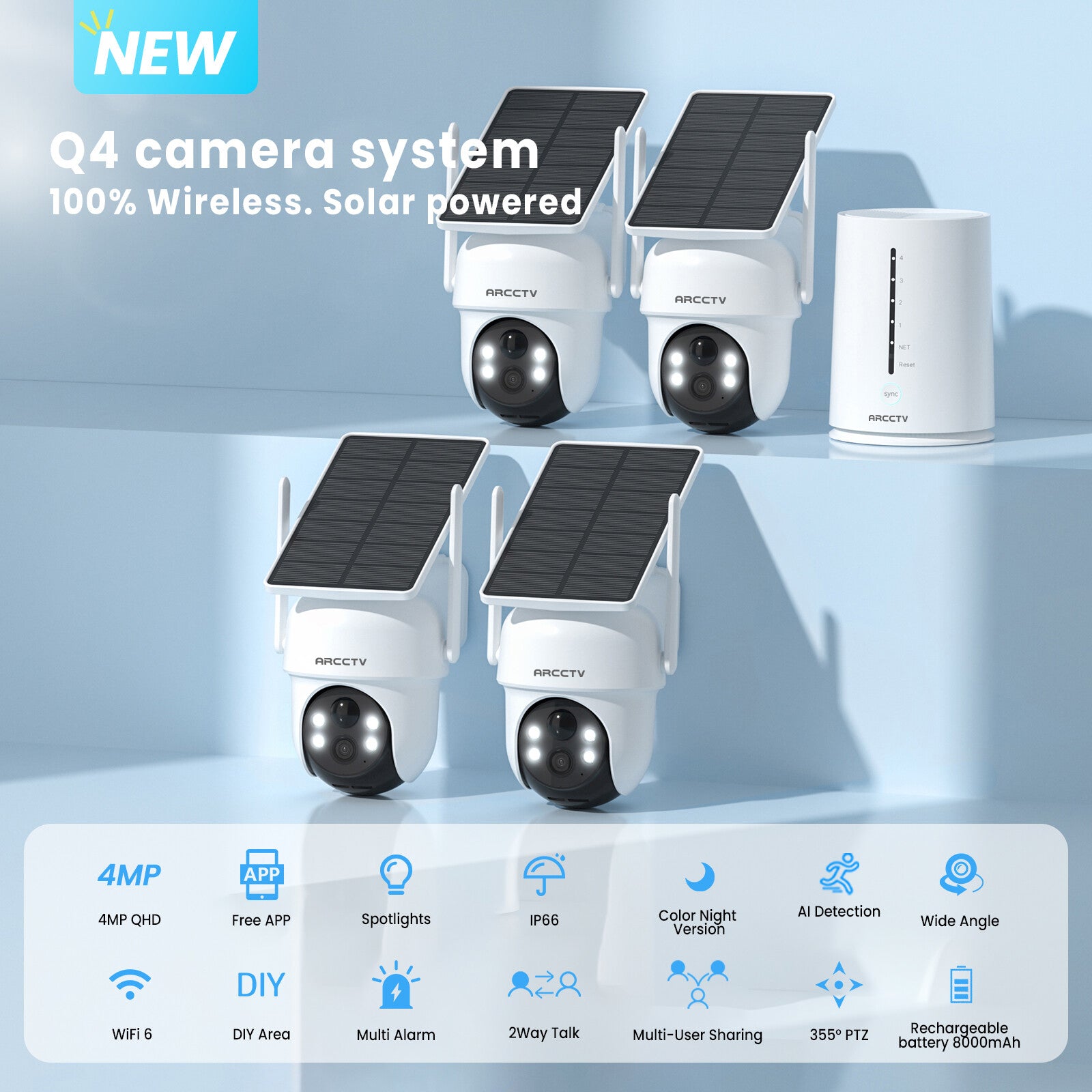 4MP FHD Integrated Solar Panel Battery Cameras System with 32GB SD Card
